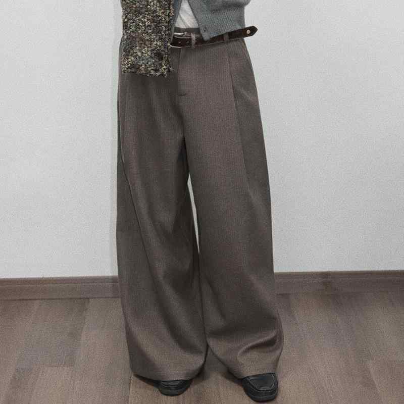 メンズ 西ズボン下 ラシャ地 縞模様柄 ワイドレッグ TR交ぜあわせる  ゆったり 普段使い走り 引っ切り無い タック 杢赤銅色 灰みがかった青色 S M L XL