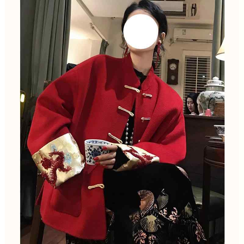 厚地の外套 レディース 秋冬 唐装 瀬戸ものお召しもの 赤 アウター 雅びやか お正月 ゆったり ポリエステル