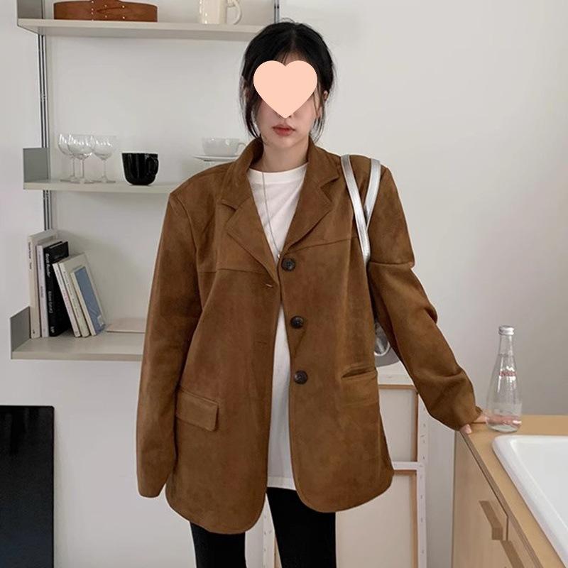 上衣 レディース 秋冬 レトロ 美脂 鹿皮 スエードクロス ゆったり 心地よい 長袖 アウター カーキ カルメ焼