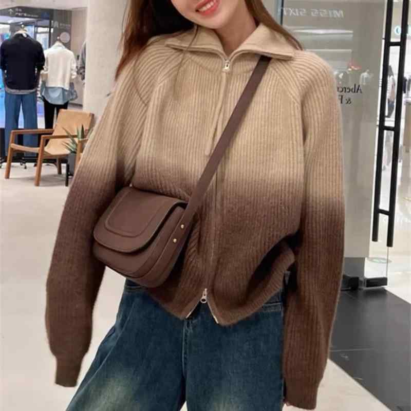編み物ジレー レディース グラデーション レトロ 翻 Collar ダブルジップ 編み物 ジレー 秋冬 朦々たる パステル色の ポリエステル 粘・屬繊維 ゆったり大きさ 伸び伸びする 日韓表現スタイル 心地よい 普段使い走り3