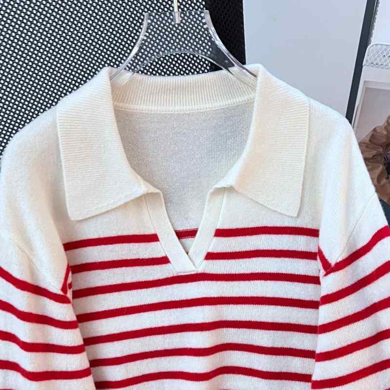 編み物 レディース 秋冬 Polo襟 縞模様柄 羊毛 トップス ゆったり 翰林院風 愛くるしげ ?桃? 静?黒 長袖 スウェーター ティーシャツ3