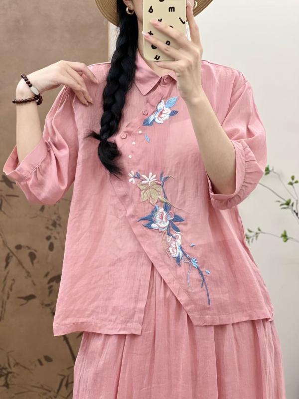 プルオーバー レディース 森御姉さん リネン 麻 刺しゅう エスニック トップ トップス 七分袖 杏色 紫色 サクラ色 愛くるしげ ゆったり3