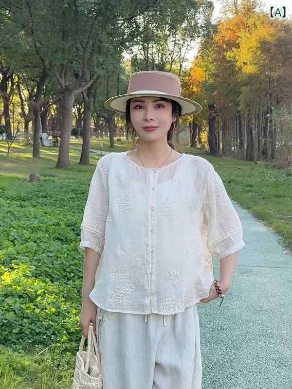 プルオーバー レディース 春夏 刺・墸 Vのど首 ?麻 麻混 リネン トップス トップ 五分袖 ゆったり 森御姉さん 愛くるしげ 杏色 サクラ色系 コーラル 緑であること3