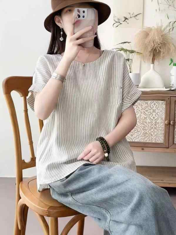 ティーシャツ レディース 森御嬢さん系 夏服 半袖トップ ティーシャツ 縞模様 読み合わせる柄 うつり変わり 綿織物 リネン ゆったり Vのど首 上着 読みもの風 レトロ3