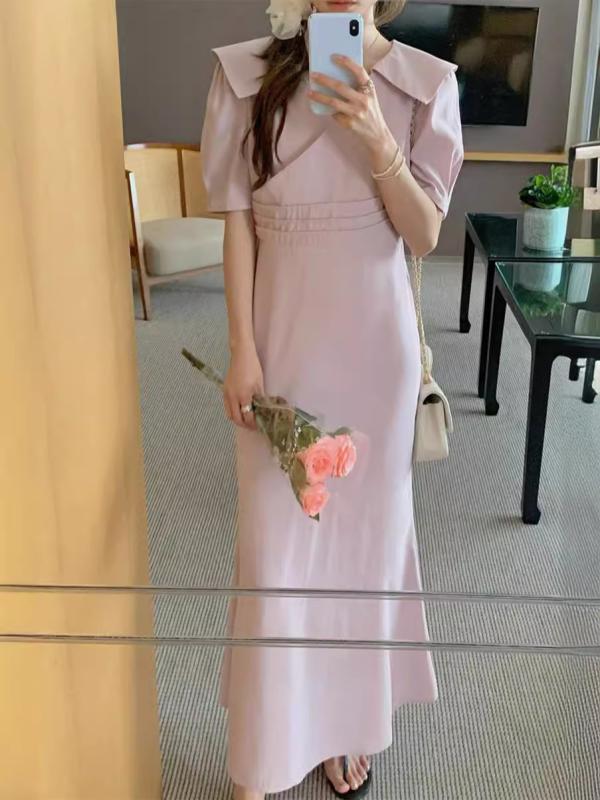 衣裳 レディース 春夏 Vのど首 パフ衣袂 A伝達ルート ロング丈 人魚 無地 好いたらしいめ 女子らしい 成年者愛くるしい 御洒落 ゆったり 着痩せ 体型取りまかなう 旅する お呼ばれ さくら色系