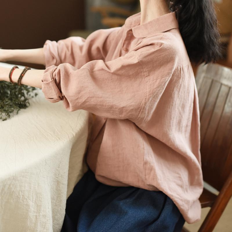 ティーシャツ レディース 長袖 麻 リネン ゆったり トップス トップ サクラ色系 無地 第一義的 春夏 事務室 通い 好いたらしいめ