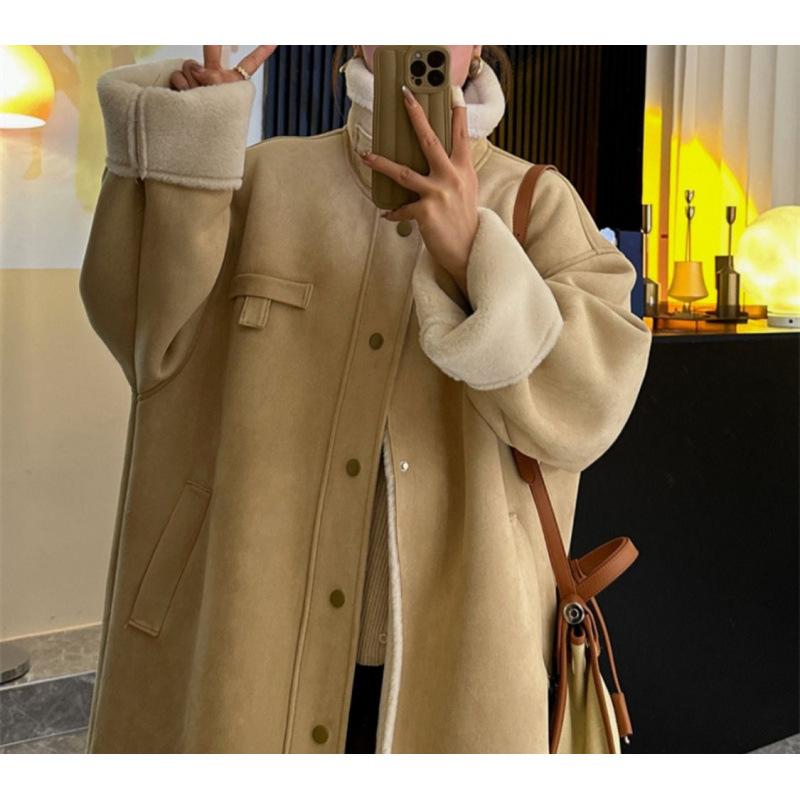 厚地の外套 レディース 冬期 ロング丈 ボア上衣 裏ボア アウター ライダースジャケット風 防寒 あったか 立襟 隠し付き添い人 黄色系 象牙色系 薄墨色系