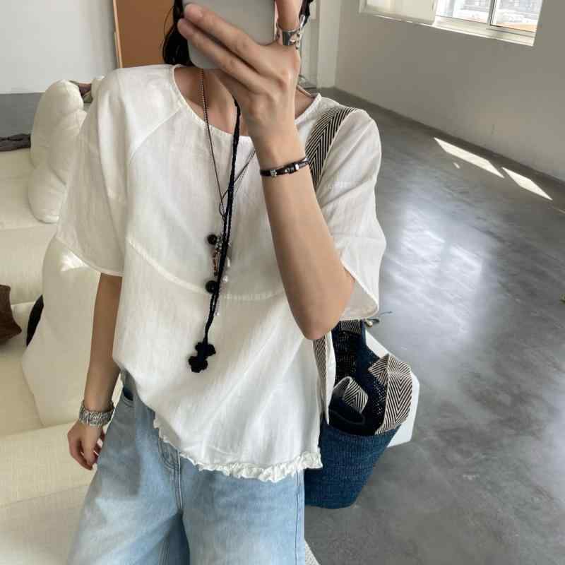 シャツ レディース 半袖 リネン 麻混紡 ゆったり トップス プルオーバー ラウンドネック 花柄レース 切り替え 薄手 文芸風 白 ホワイト ピンク ブルー イエロー 春夏3|AR企画 店