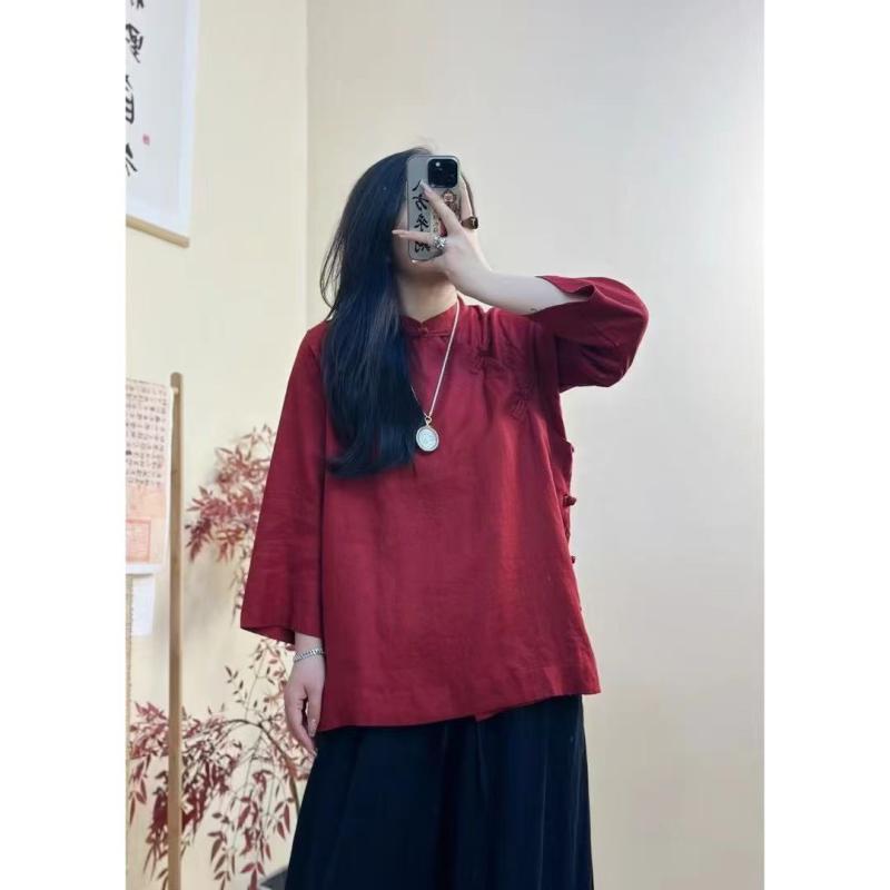 プルオーバー レディース 春物 麻 リネン 瀬戸もの風 曲がった名取り草 長袖 トップ 禅修 普段使い走り 茶道 レトロ 立襟 ゆったり3