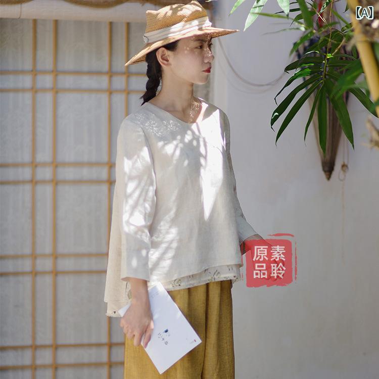 ティーシャツ レディース 麻 リネン混紡トップス レトロ風刷り上げる柄 九分袖 ゆったり大きさ 読みもの風 カットソー ティーシャツ 麻色3