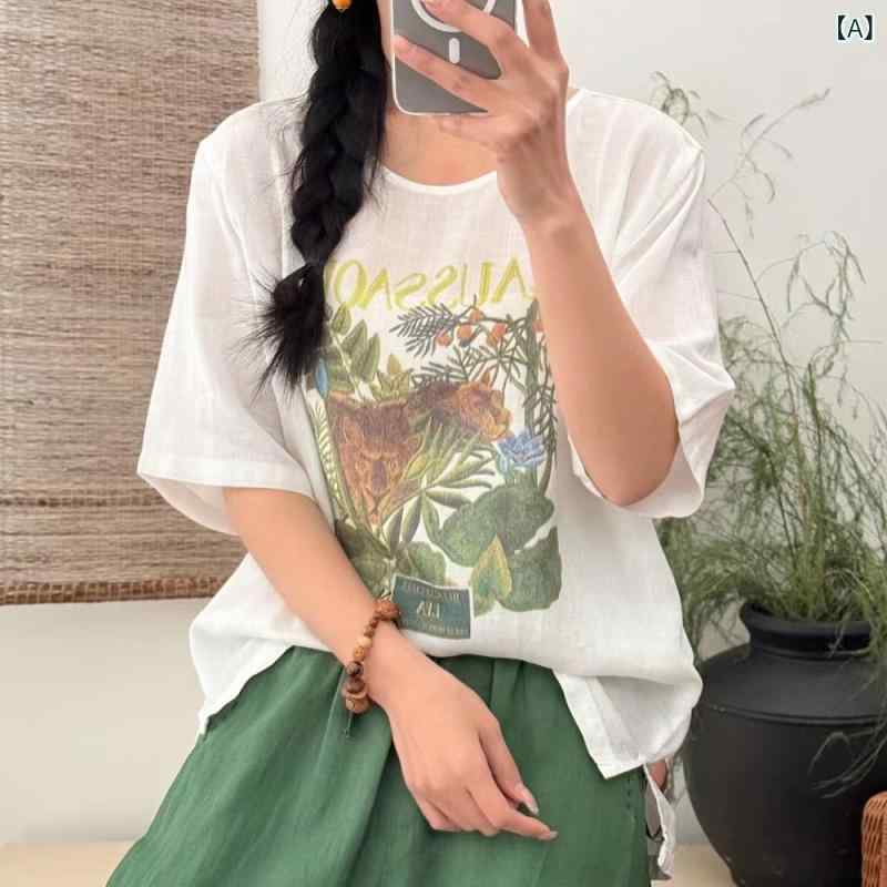 プルオーバー レディース 天竺 麻 リネン 花柄 刷り上げる ラウンドのど首 トップス ゆったり 薄っぺら 半袖 トップ 白 白いこと サクラ色 ベージュ カーキ 日韓風 伸び伸びする 普段着3