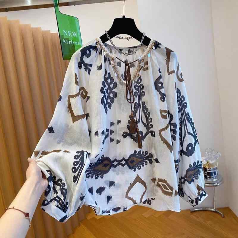 プルオーバー レディース リネン 表着 長袖 薄っぺら 麻 綿 ボタニカル柄 ゆったり ラウンドのど首 泡袖 落っこちる肩肉 自然的 象牙色3