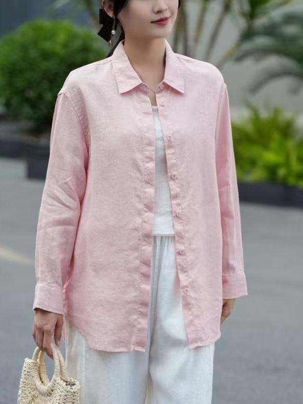 プルオーバー レディース 春夏 リネン 麻 長袖 無地 羽織り トップス ジレー 襟付き添い人 ゆったり大きさ 読みもの風 レトロ 香芋紫 黄色 白いこと さくら色系 柿色 点火装置青碧 透かし彫り柄3