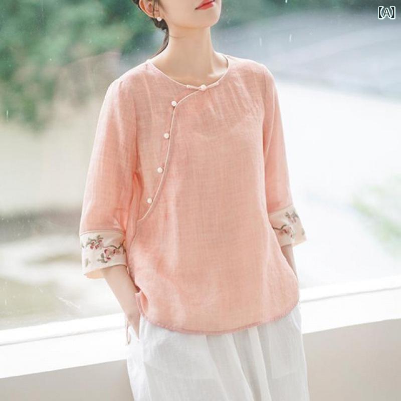 プルオーバー レディース 新瀬戸もの風  トップス 禅意 茶服 炒色 リネン 刺しゅう 瀬戸もの風名取り草 唐装風 麻 サクラ色系 7分袖 ラウンドのど首 M L XL 2XL