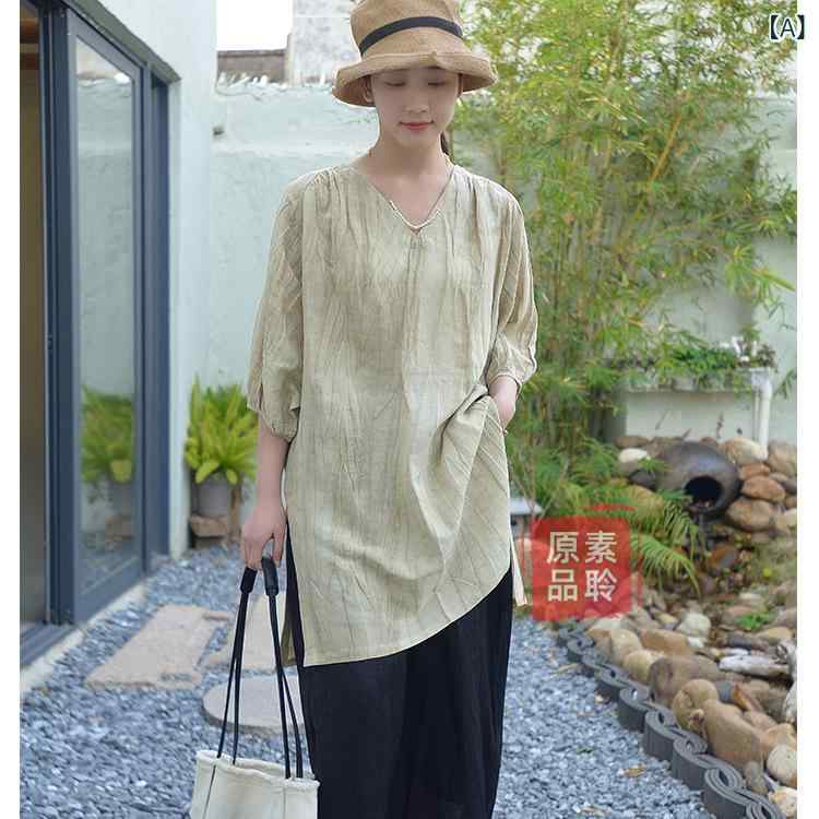ティーシャツ レディース Vのど首 7分袖 麻 リネン  人絹 ゆったり大きさ 読みもの返り咲き風 前短後長 桜色 さくら色系 緑であること 赤銅色 地びた色つや トップス カットソー ティーシャツ3
