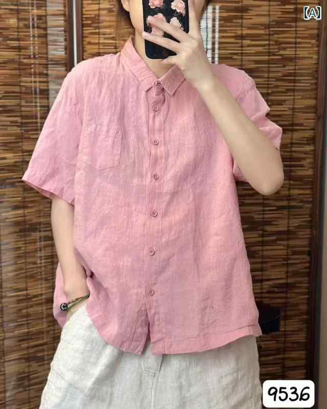 プルオーバー レディース リネン混紡 半袖 襟付き添い人 サクラ色系 ゆったり 読みもの返り咲き風 トップス 普段使い走り3