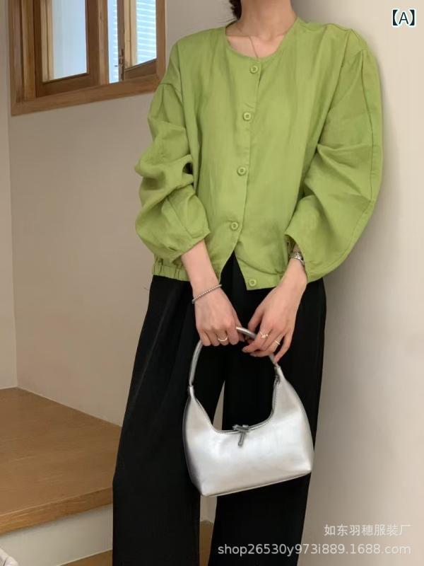 プルオーバー レディース 春 ラウンドのど首 長袖 麻 リネン混紡 ゆったり トップス 心地よい 韓国  ペパーミント緑であること ベージュ オレンジ色3