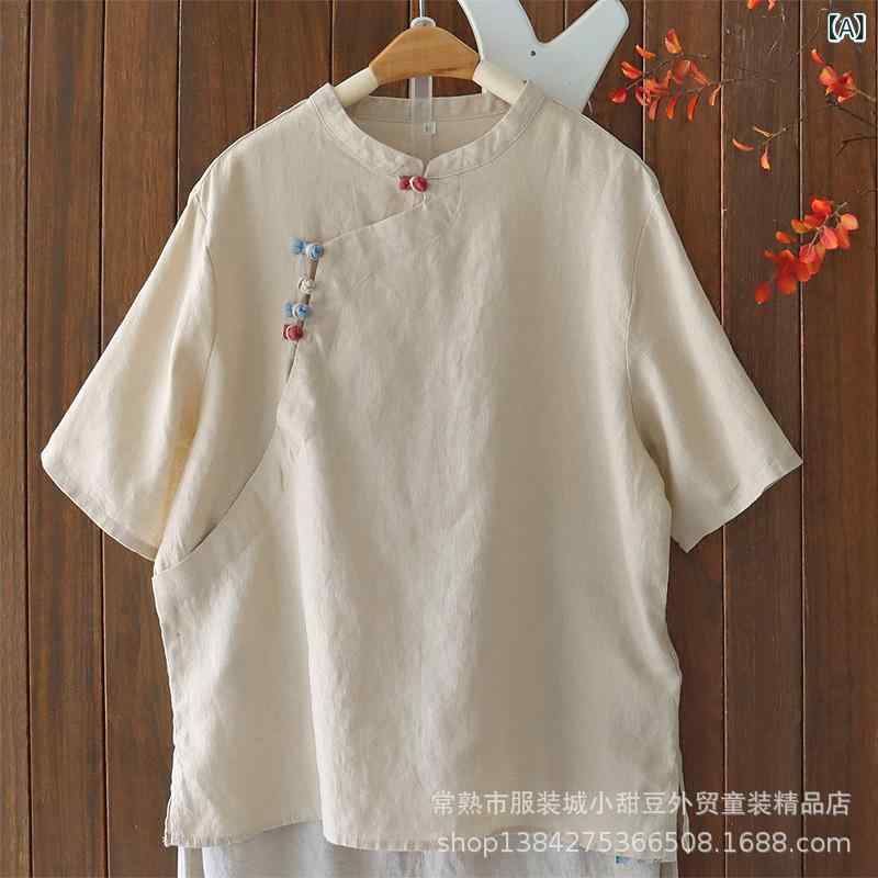 プルオーバー レディース 夏服 リネン 中華風 瀬戸もの風 曲がった名取り草 半袖 プルオーバー トップ トップス ゆったり 読みもの風 レトロ3