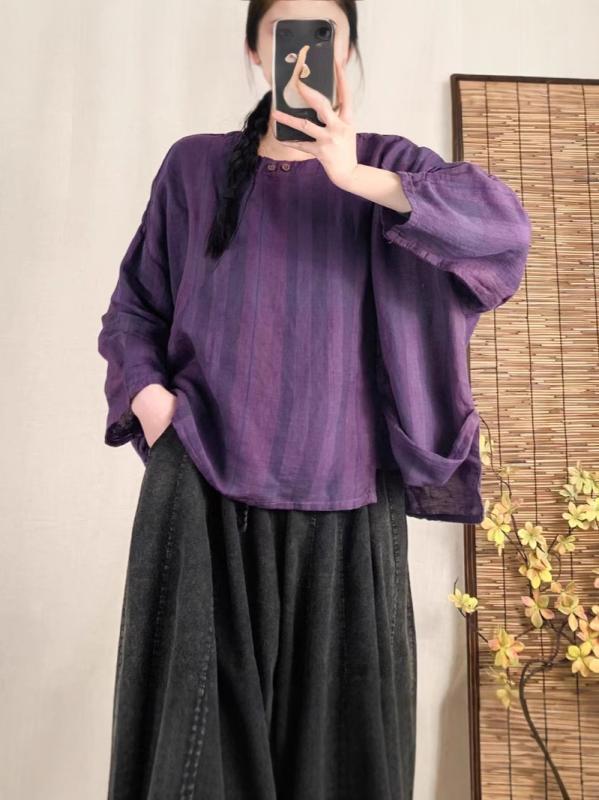 プルオーバー レディース 春夏 リネン 麻 無地 名取り草 長袖 上衣 トップス ゆったり 読みもの風 レトロ 衣嚢付き添い人3