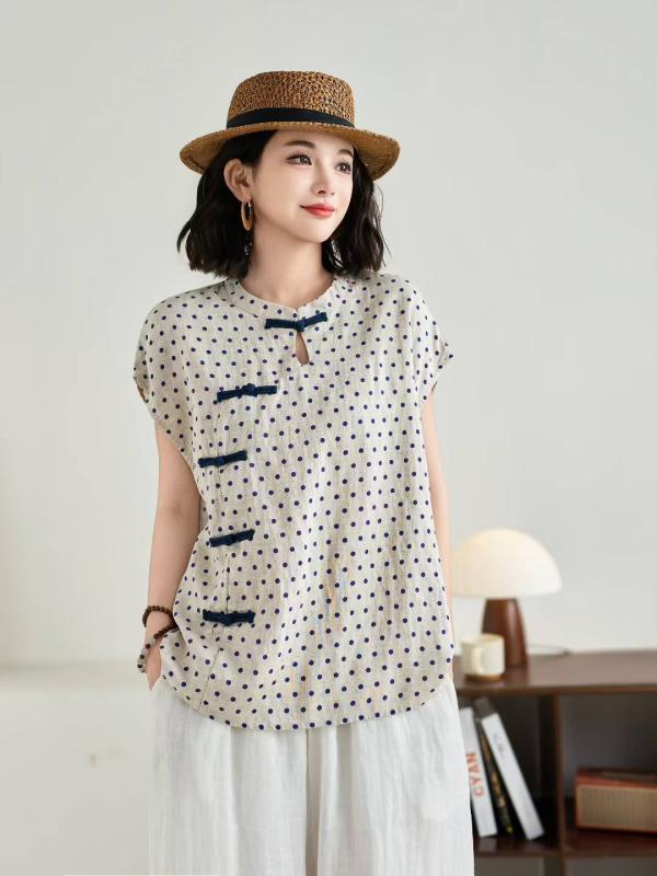 プルオーバー レディース 春夏 リネン 波点点柄 立襟 半袖 トップス 茶服 ゆったり 読みもの風 レトロ 愛くるしげ 麻3