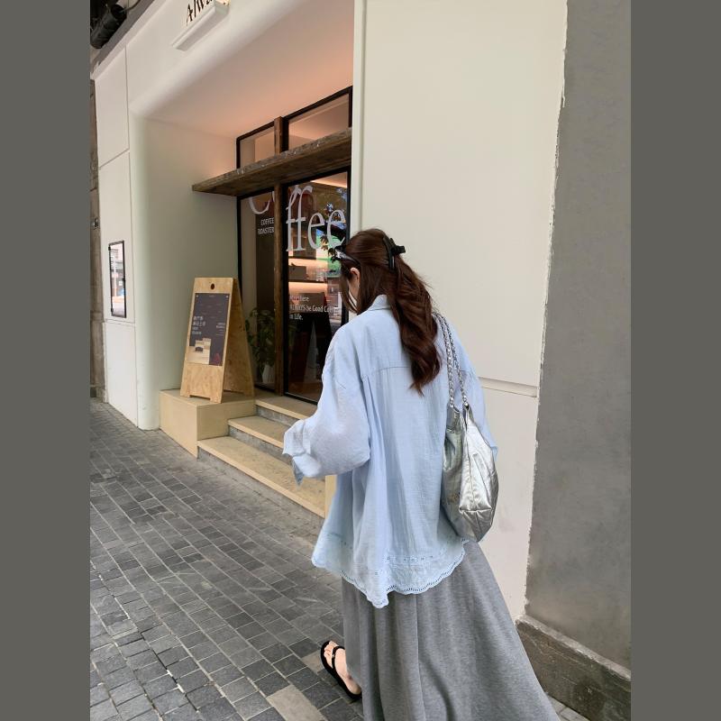 ティーシャツ レディース 長袖 薄っぺら スピード競技 うつり変わり  リネン 綿混 紡織 人付き合い冷感 トップ トップス 白 襟付き添い人 紫外線打つ手 日焼押しとどめる ゆるふわ 心地好い 韓国3