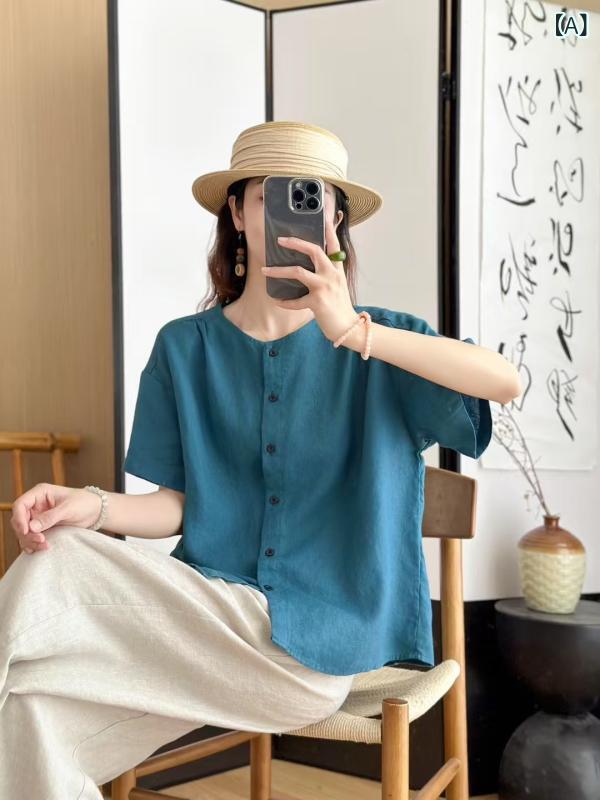プルオーバー レディース リネン 麻混紡 トップ トップス 半袖 ラウンドのど首 ゆったり 塩水藍 浅藍 橘さくら色 白 姜黄味がかった 読みもの風 レトロ 名取り草 うつり変わり 隠し付き添い人3