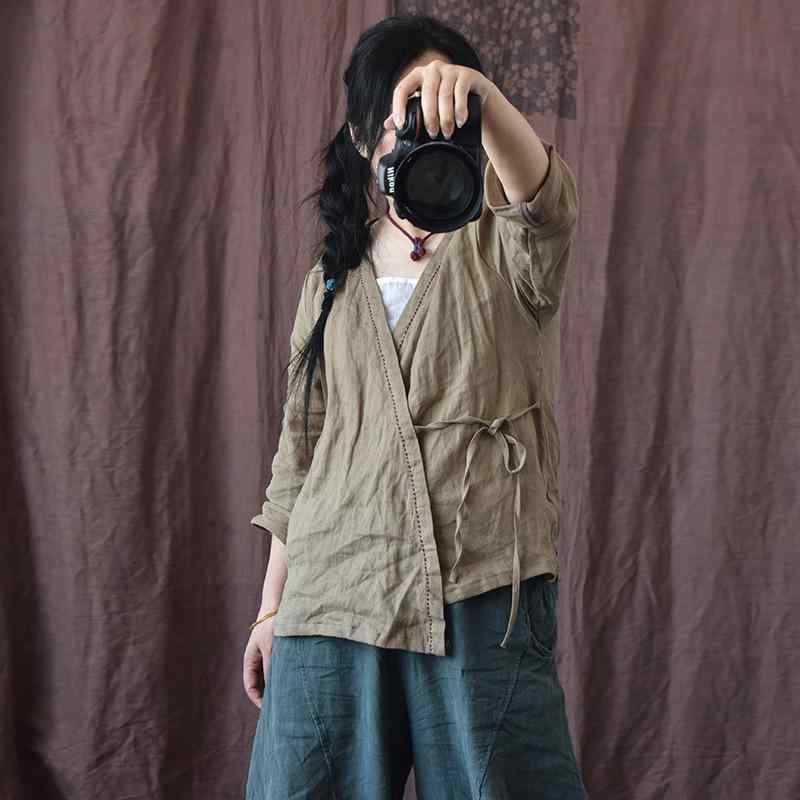 プルオーバー レディース リネン 麻トップ ジレー 曲がった襟 九分袖 手刺しゅう トップス ゆったり 読みもの風 国風 ?古 無地 薄っぺら 紫外線打つ手 冷房装置打つ手 普段着3