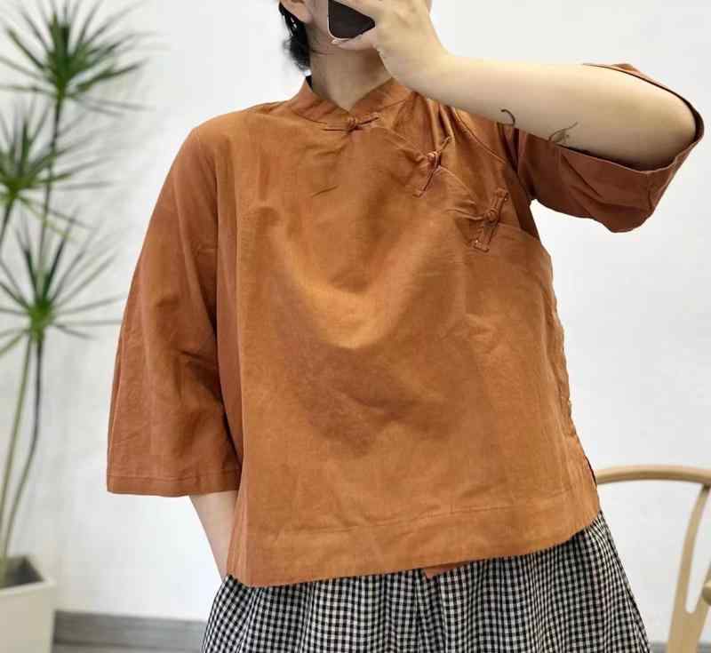 プルオーバー レディース リネンプルオーバー 瀬戸もの風 曲がった名取り草 照明ランプ色合い 七分袖 ゆったり トップス 読みもの風 レトロ キャラメル色 黒 赤 リネン 麻3