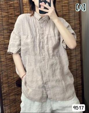 プルオーバー レディース リネン トップス 半袖 無地 薄っぺら 当たること冷感 冷やりとした 襟付き添い人 春夏 ゆったり 心地よい 伸び伸びする 杏色 白いこと 黒いこと 米国海軍 緑であること 黄色 さくら色系3