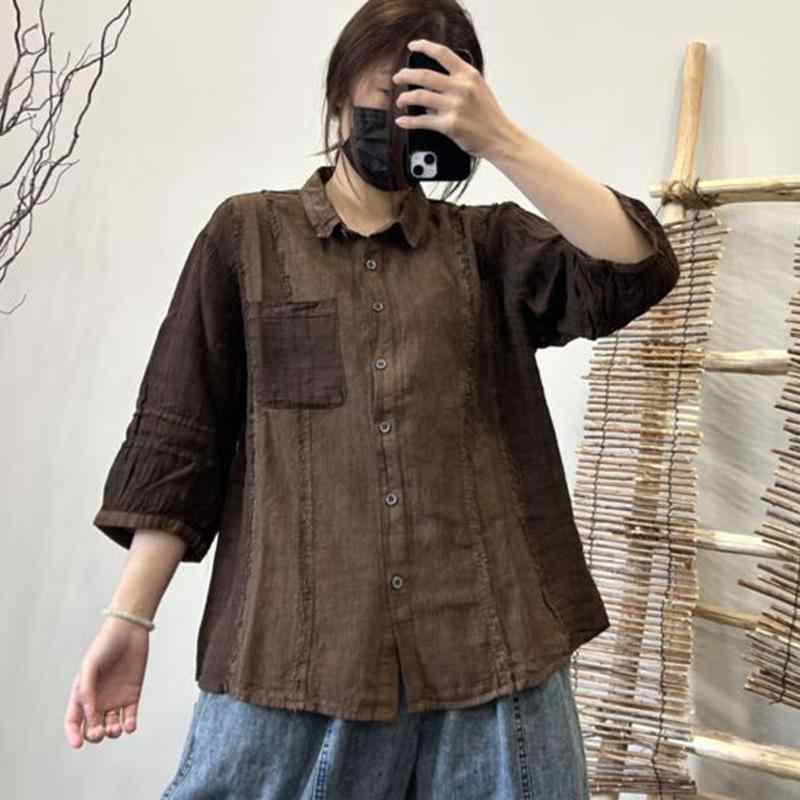 ティーシャツ レディース 春夏 うつり変わり リネン 麻 トップ 長袖 レトロ 読みもの風 ゆったり 体型取りまかなう パープル 紫 緑であること 緑 赤いこと 赤 珈琲色 カフェオレ 普段使い走り3