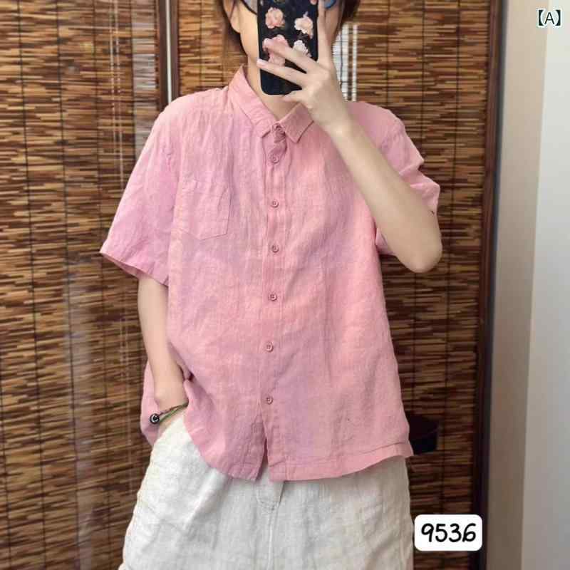 プルオーバー レディース 麻 リネン プルオーバー色合い 半袖 トップス レトロ 読みもの風 無地 トップ サクラ色系 白いこと 杏色 緑であること カーキ 米国海軍 黒いこと3