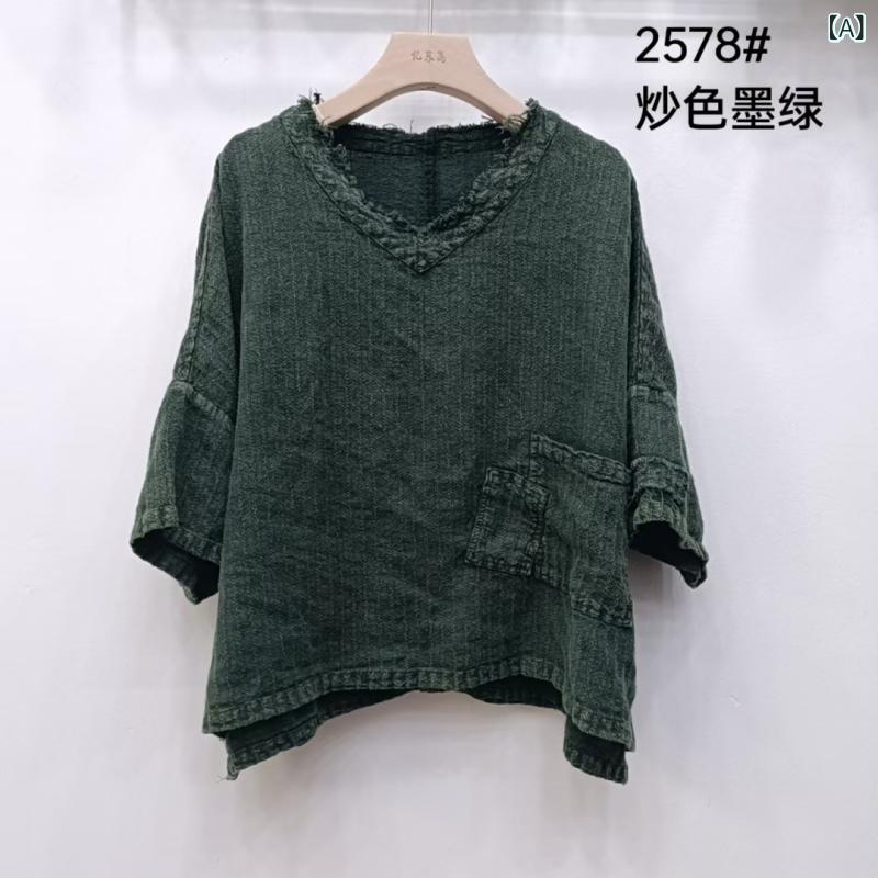 プルオーバー レディース 麻 リネン Vのど首 半袖 トップス ティーシャツ ゆったり 当たること冷感 うつり変わり 読みもの風 レトロ ヴィンテージ 普段使い走り3