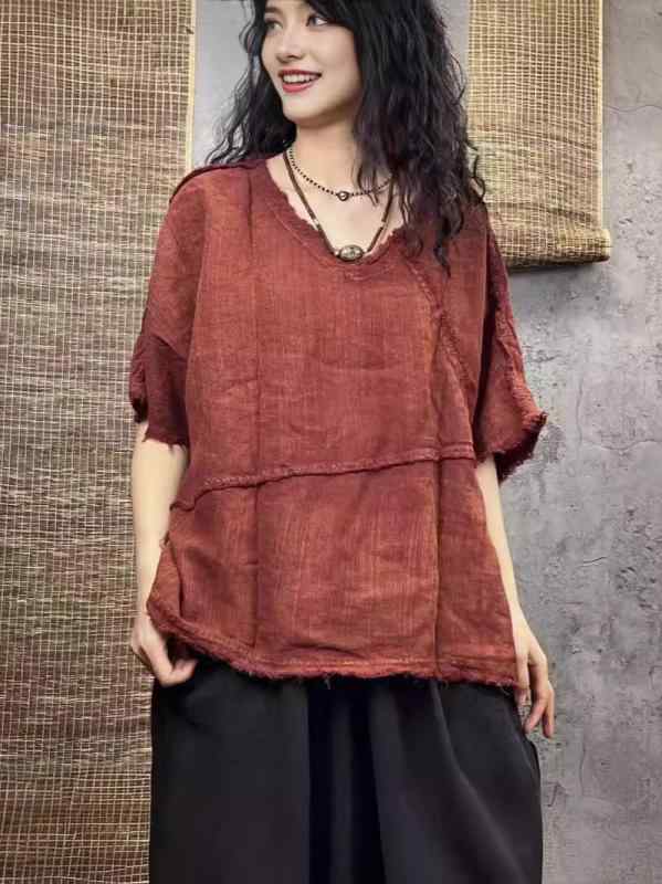 プルオーバー レディース 春夏 麻 リネン Vのど首 五分袖 ティーシャツ トップ ゆったり 文? ?古 うつり変わり 不都合産業 トップス3