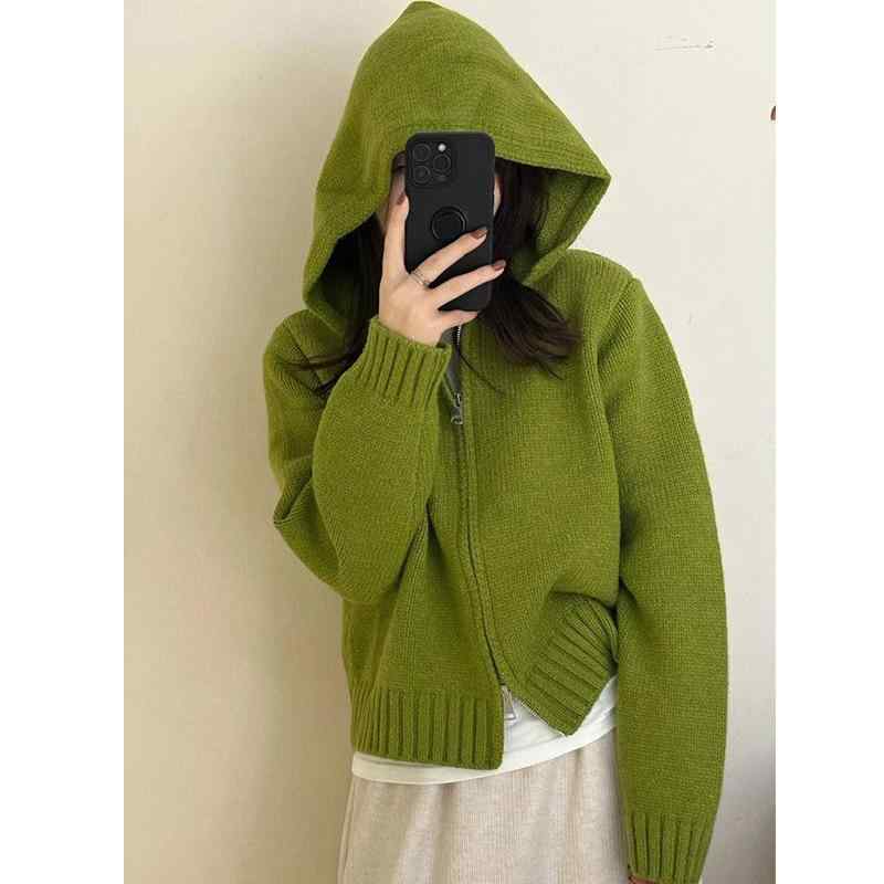 編み物 レディース ジレー 秋冬 ボンネット付き添い人 ?色 ダブルジップ ・巌穿風 ゆったり  トップス 長袖 心地好い 日韓表現スタイル アウター3