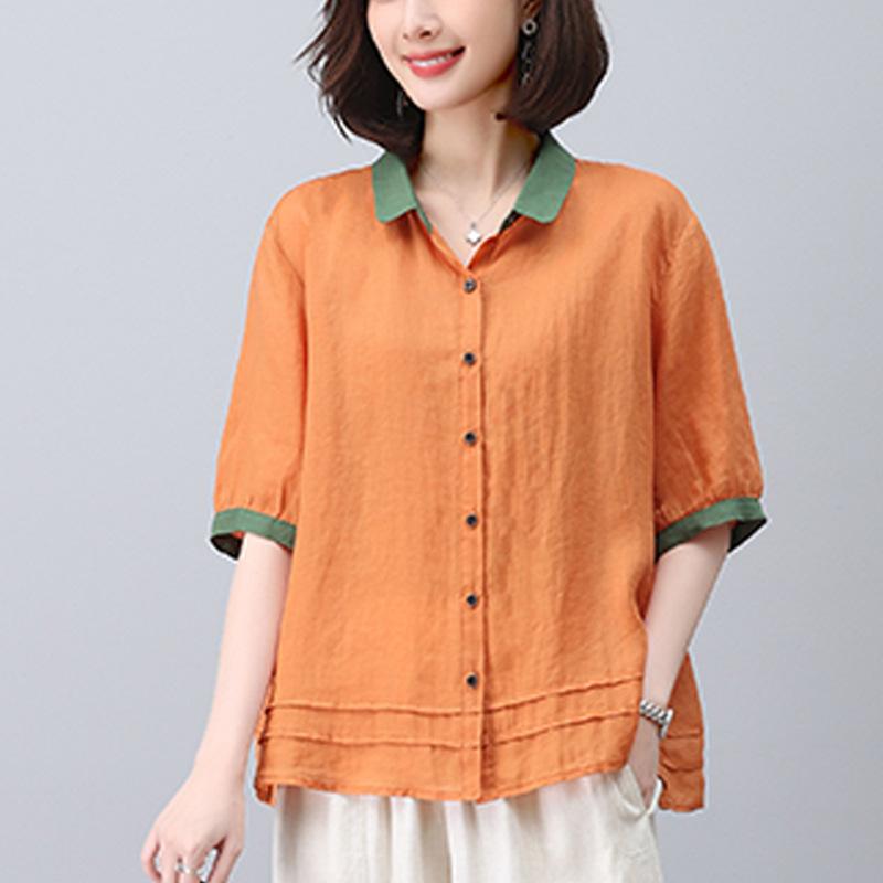 ティーシャツ レディース 半袖 苧麻プルオーバー トップ 春夏 ゆったり 花柄 刷り上げる M L XL XXL オレンジ色 黄色 さくら色系 リネン 心地よい トップス