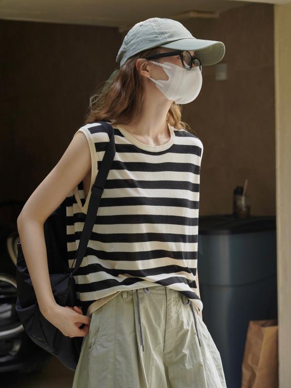 編み物より良い レディース 黒杏縞模様 ゆったり 人付き合い冷感 冷やりとした 心地好い 夏編み物 トップス ベスト