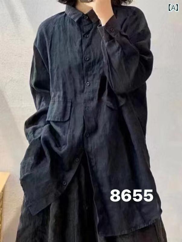 プルオーバー レディース 麻 リネン トップス トップ ジレー ゆったり 真っただ中丈 プルオーバー襟 長袖 無地 地べた色合い 執務室心地よい 通勤着 普段使い走り 白 黒 緑 カーキ サクラ色 紫3