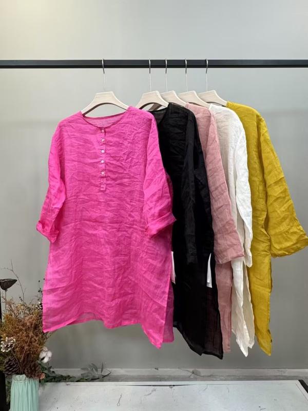 プルオーバー レディース 春夏 上衣 リネン 麻混 トップス トップ 長袖 ゆったり 並み並み丈 片方細長い切口 レトロ 読みもの風 自然的 愛くるしげ 手当たり3