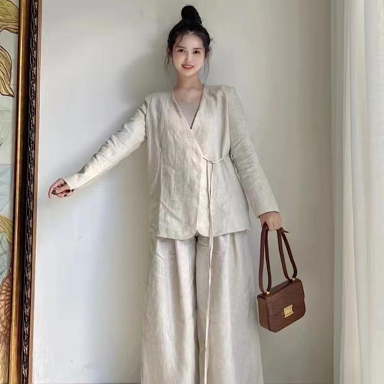 プルオーバー レディース 春夏 Vのど首 長袖 リネン ジレー トップス 羽織り 読みもの風 レトロ ゆったり 無地 たまり場3