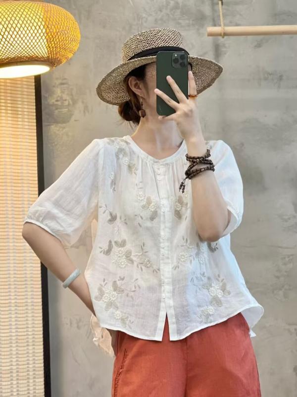 プルオーバー レディース 半袖 夏 読みもの レトロ ゆったり 刺しゅう 体型押しかぶせる 普段使い走り ラウンドのど首 当たること冷感 好いたらしい ?麻 トップス3