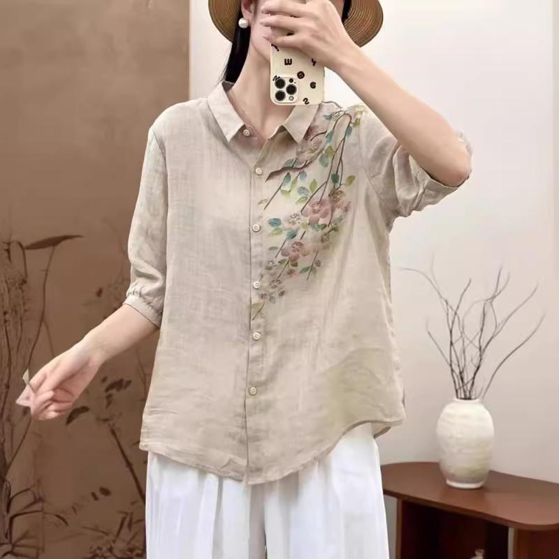 プルオーバー レディース 民族風 レトロ 麻 リネン 7分袖 トップ 気が大きい大きさ ゆったり 開襟 ジレー トップス 春夏 読みもの風 白 緑 カーキ3