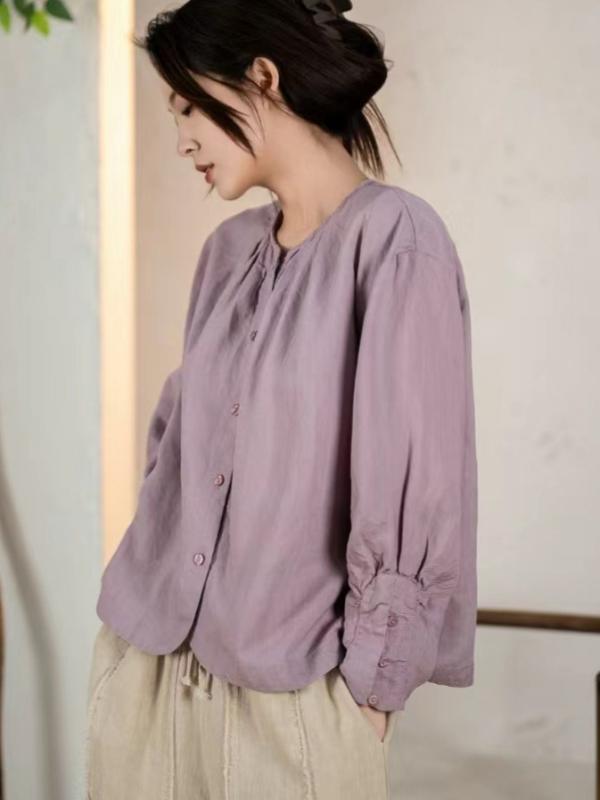 プルオーバー レディース リネン トップス 春夏 麻 無地 ラウンドのど首 長袖 トップ ゆったり 読みもの風 レトロ カットソー3
