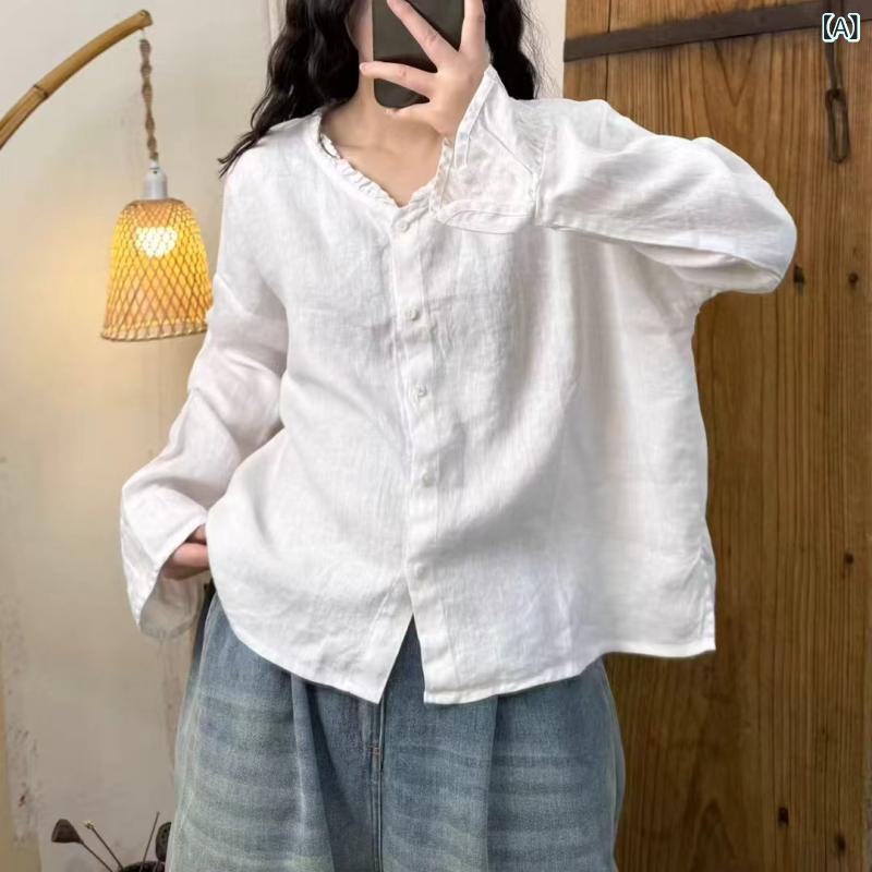 プルオーバー レディース リネンプルオーバー Vのど首 ジレー 長袖 麻 リネン ゆったり 読みもの風 レトロ 春夏 トップス トップ3