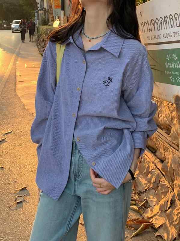 プルオーバー レディース 小っちゃい大きさ 韓国 刺・墸 青色 縞模様 天絲 ?松 トップス 襟付き添い人 長袖 うつり変わり 当たること冷感 通い3
