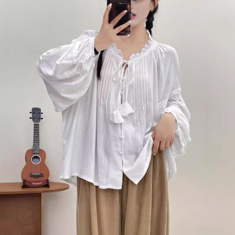 プルオーバー レディース 長袖 花柄襟 ギャザー トップス 綿織物 ゆったり 愛くるしげ 好いたらしいめ 心地よい 執務室 通い3