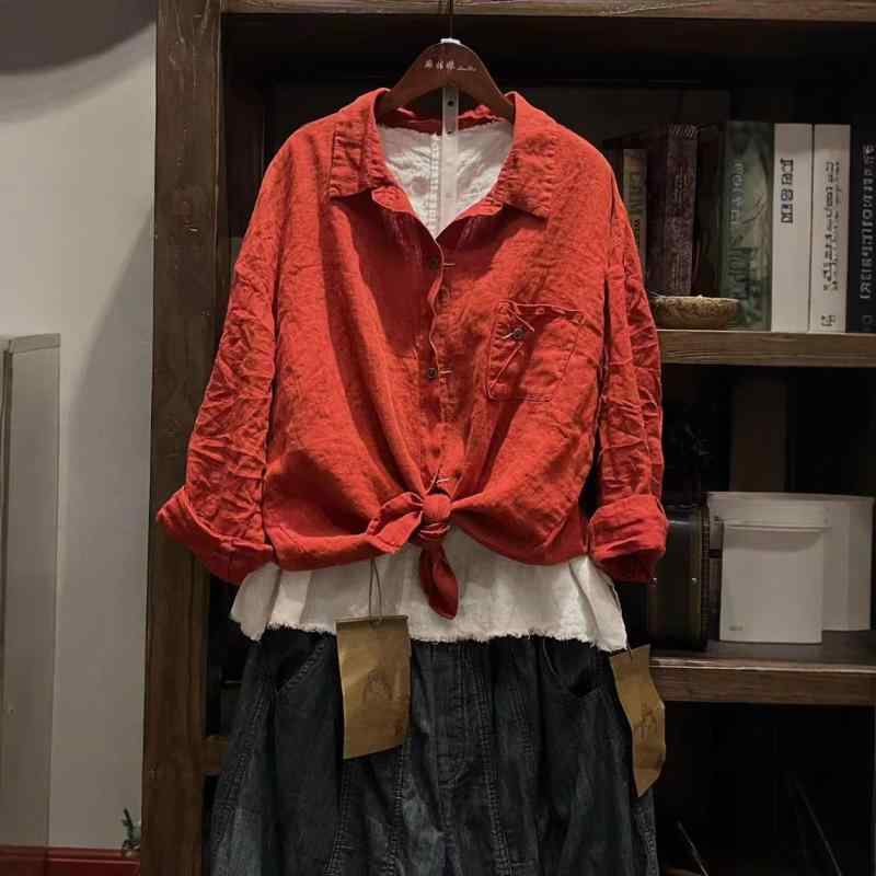 プルオーバー レディース 春 長袖 麻 リネン ゆったり 薄っぺら 無地 開襟 トップ レトロ 読みもの風 トップス 羽織り3