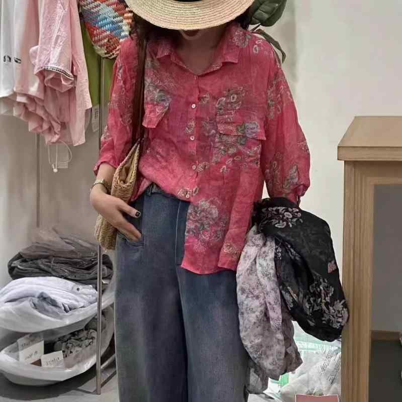 プルオーバー レディース 麻 リネン トップス 五分袖 刷り上げる 花柄 レトロ 明けっ広げ色合い トップ 読みもの風 今めかしい 愛くるしげ 厚地の外套3
