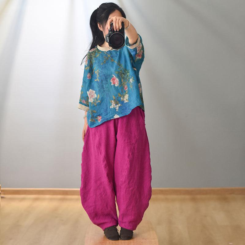 プルオーバー レディース 瀬戸もの風 上衣 ノースリーブ トップ ゆったり 禅意 茶服 トップス 照明ランプ色合い アジアン エスニック リネン 名取り草柄 うつり変わり 刷り上げる 春夏3
