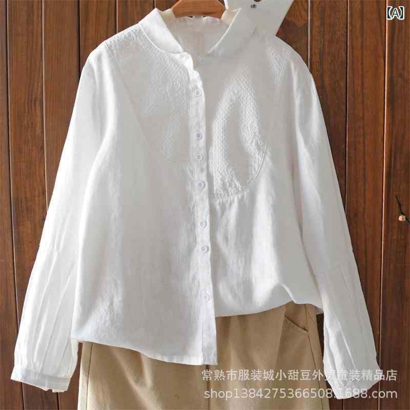 プルオーバー レディース 春夏 リネン 麻 トップス トップ 長袖 ポロ襟 刺しゅう ゆったり大きさ 読みもの風 レトロ 愛くるしげ 白 黄味がかった 青 緑 珈琲色 中国風3