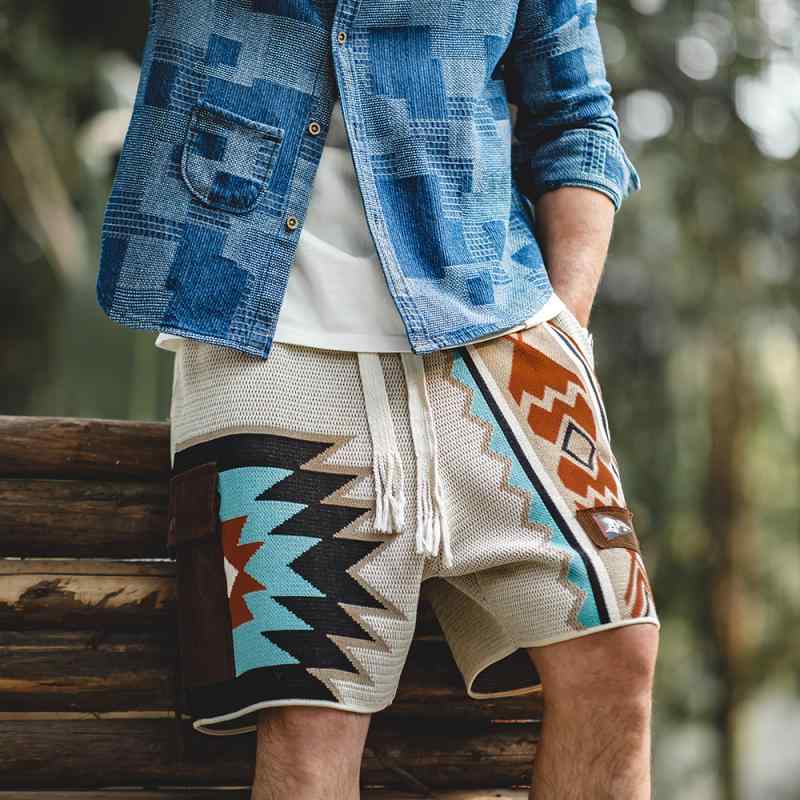 二分の一ズボン下 成人男性用 アメカジ 返り咲き調 ナバホー柄 編み物ズボン下 エスニック柄 砂浜ズボン下 ゆったり 夏 たまり場 普段使い走り 当たること冷感